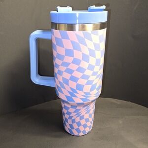 Wavy Checkered‎ Tumbler Blue Pink Handle Lid Insulated Travel Mug